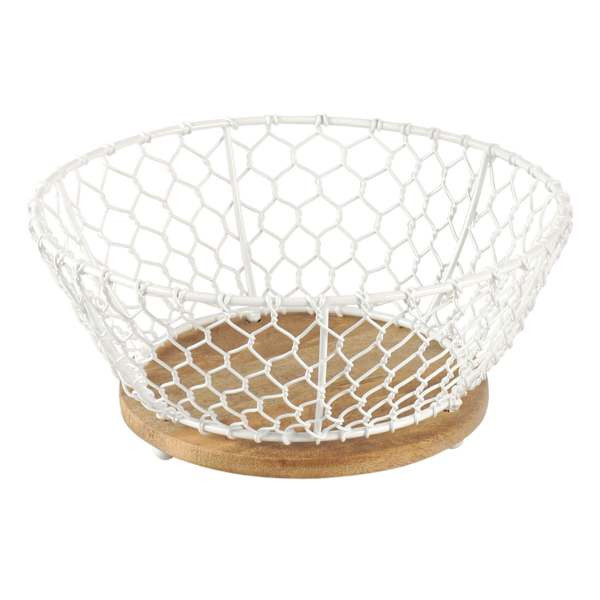 White Iron Chicken Wire Weave & Mango Wood Basket, Small, Metal, sold by At Home | At Home