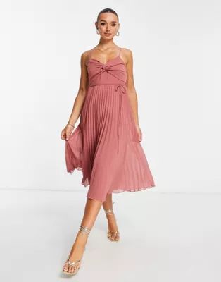 ASOS DESIGN twist front pleated cami midi dress with belt in rose pink | ASOS (Global)