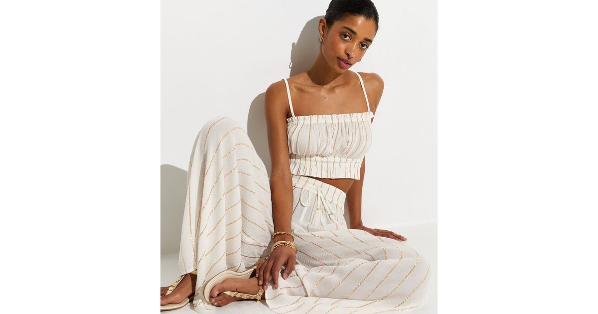White Metallic Striped Shirred Crop Top | New Look | New Look (UK)