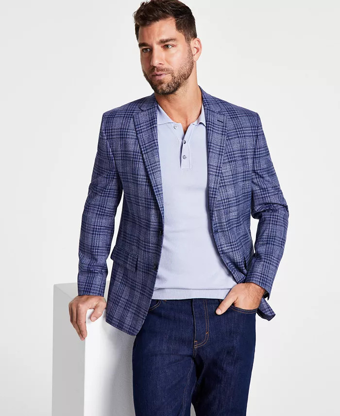Men's Classic-Fit UltraFlex Stretch Blue Plaid Sport Coat | Macys (US)