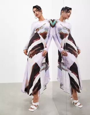 ASOS EDITION long sleeve frill detail maxi dress in abstract lilac art print | ASOS (Global)
