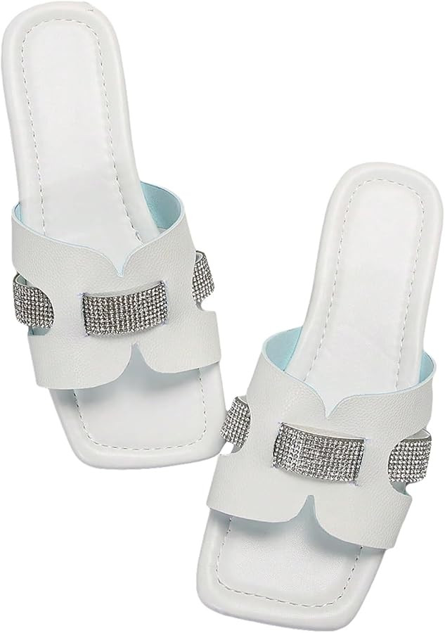 OYOANGLE Women's Rhinestone Decor Cut Out Square Open Toe H Band Flat Sandals Comfy Slip on Slide... | Amazon (US)