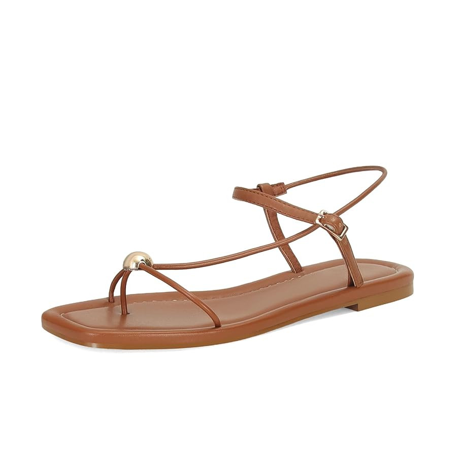 Strappy Flat Sandals for Women Comfortable Open Square Toe Sandals Dressy Beach Thong Flip Flop S... | Amazon (US)