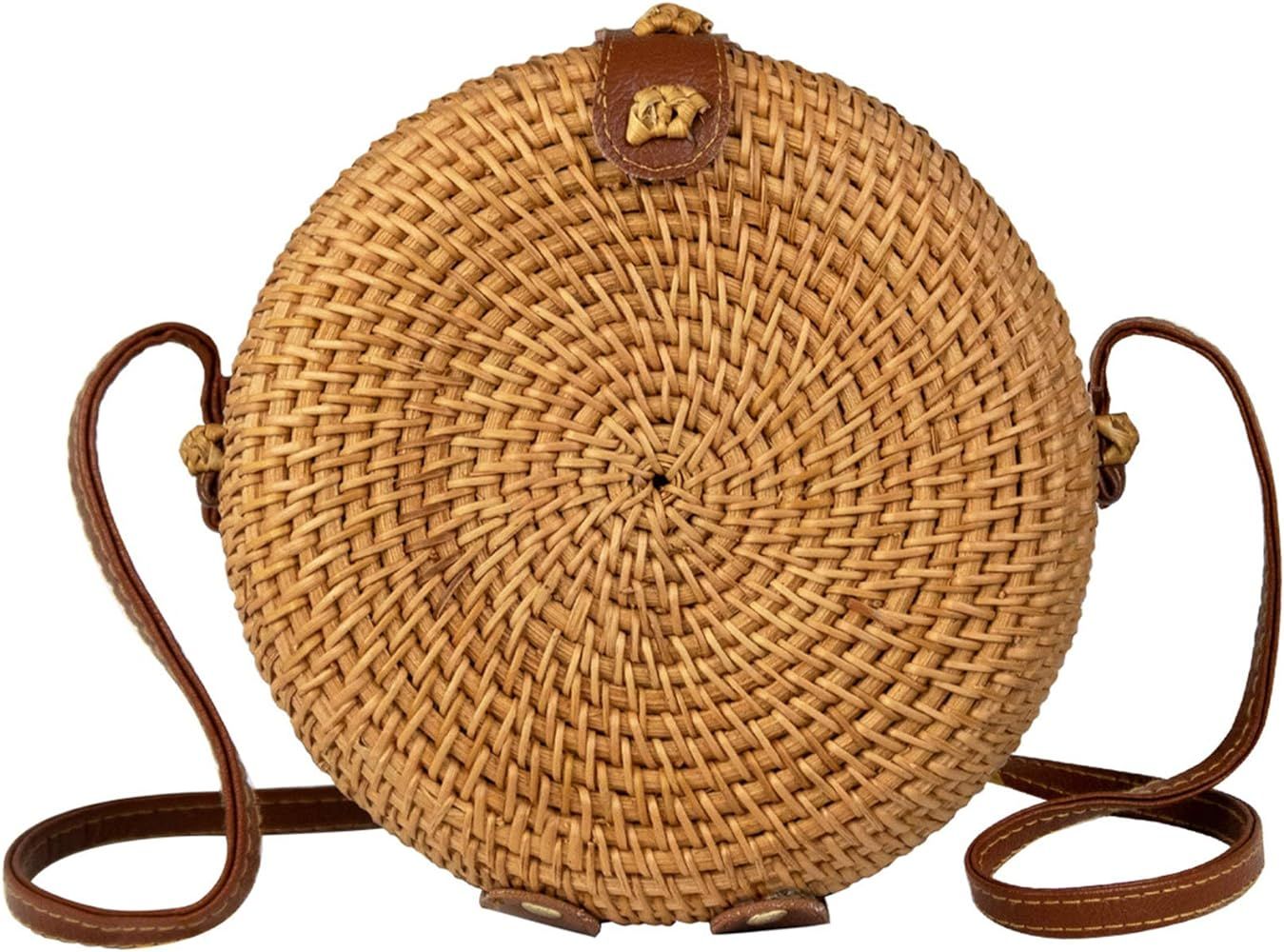 Straw Rattan Crossbody Bag for Women with Vegan Leather | Round Bali Ata Woven Wicker Purse for S... | Amazon (US)