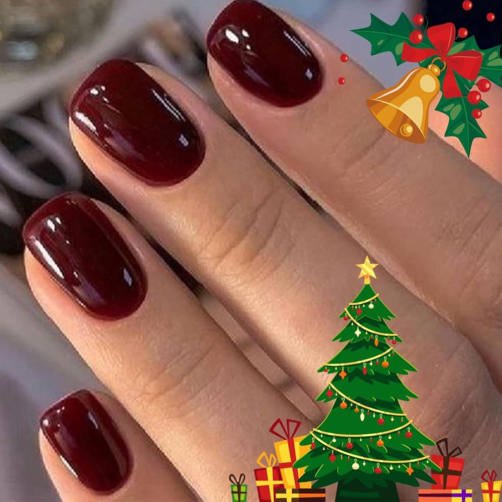 Modelones Press on Nails, Dark Red Short Square Fake Nails, Christmas Reusable Nail Kit with Nail... | Amazon (US)