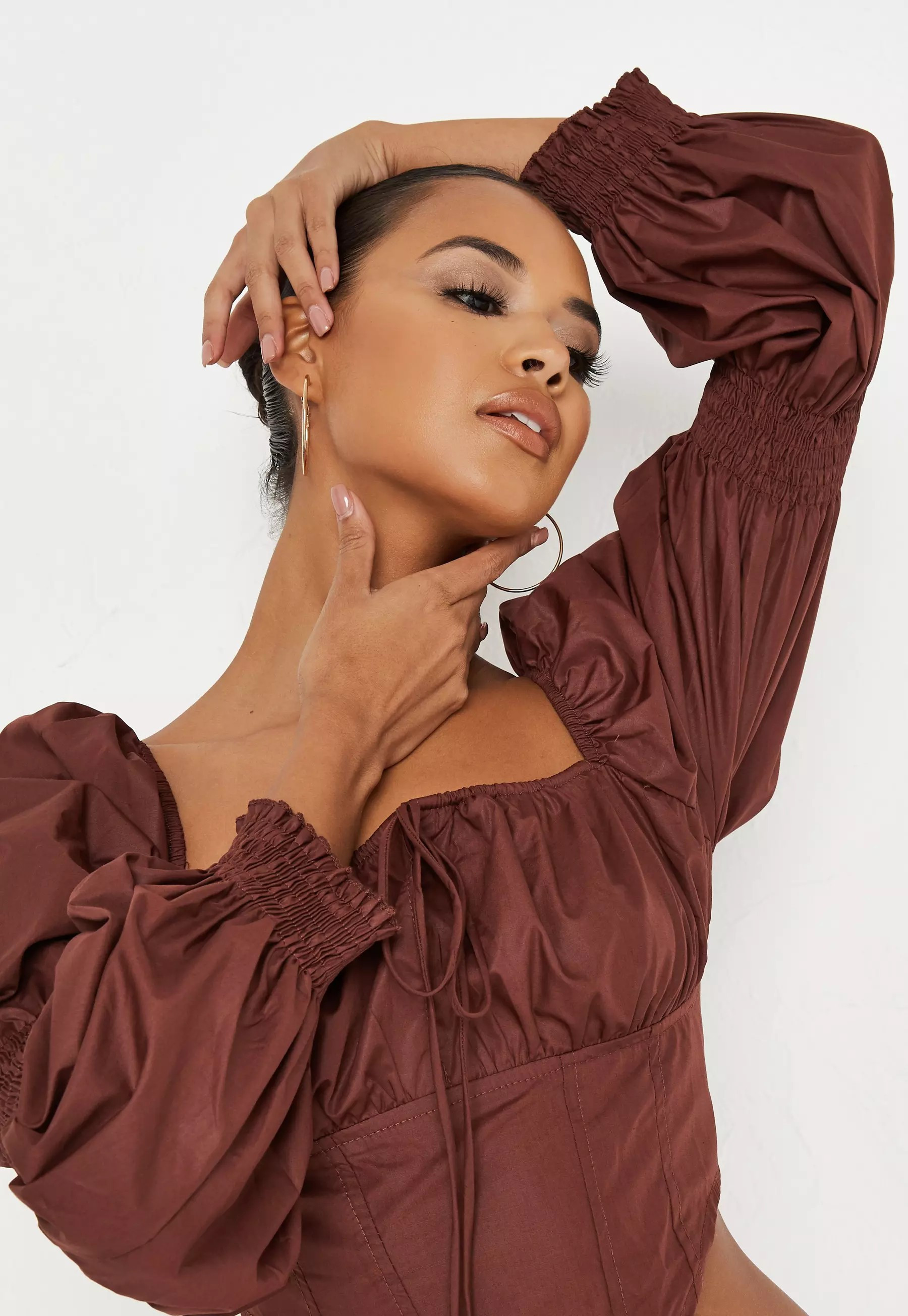 Petite Chocolate Poplin Milkmaid Corset Top | Missguided (US & CA)