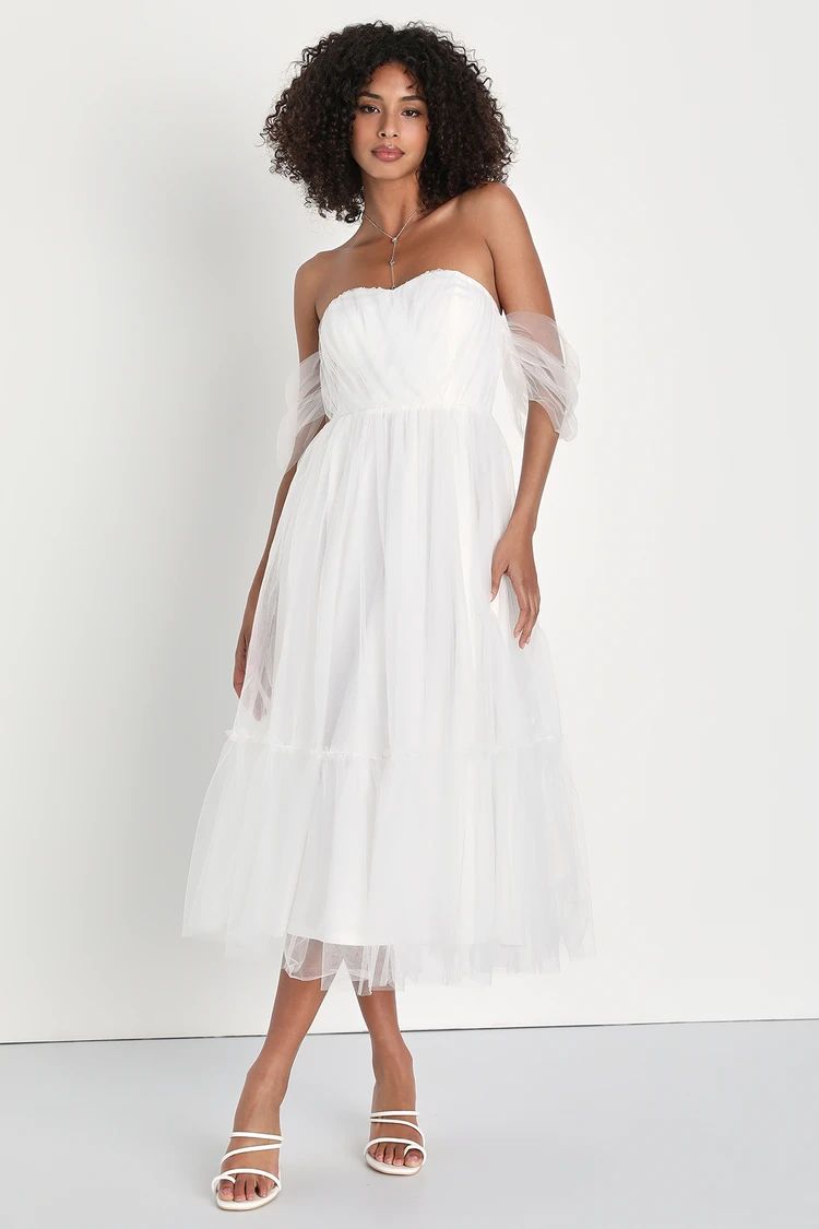 Divine Dreamer White Tulle Off-the-Shoulder Tiered Midi Dress | Lulus (US)