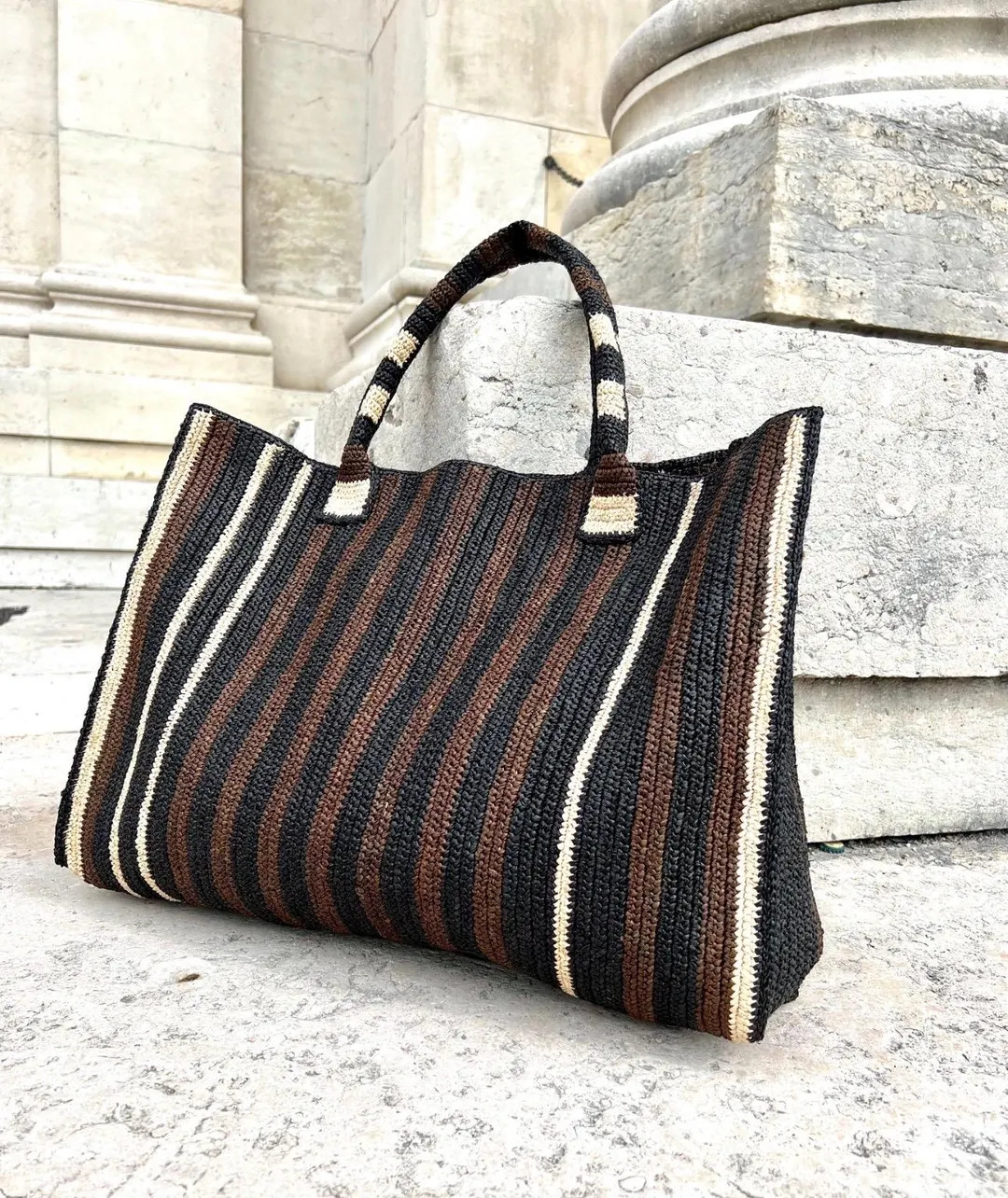 Boho Raffia Tote Bag, Crochet Striped Shoulder Bag, Large Beach Travel Bag, Handmade Everyday Bag | Etsy (US)