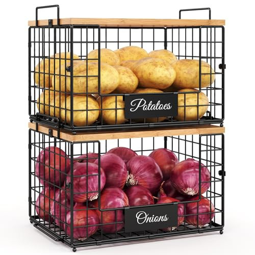 keomaisyto Pantry Organizers and Storage, 2 Set XXL Stackable Wire Baskets with Wooden Tops & Tags, Kitchen Counter Organizers Bins for Potato, Onion, Produce, Fruit, Vegetable | Amazon (US)
