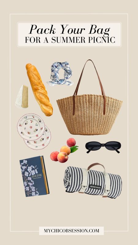 Pack a summer bag for a relaxing afternoon spent reading and enjoying a light snack of fruit, bread and cheese. The perfect basket tote is from J.Crew, oval sunglasses are Amazon, a striped picnic blanket, small floral bread plates, a neck scarf and a copy of Jane Eyre.

#LTKSeasonal #LTKHome #LTKItBag