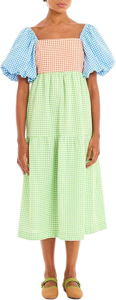 Women Gingham Short Puff Sleeve Midi Dress Summer Plaid Square Neck Dress Smocked Ruffle Flowy Be... | Amazon (US)