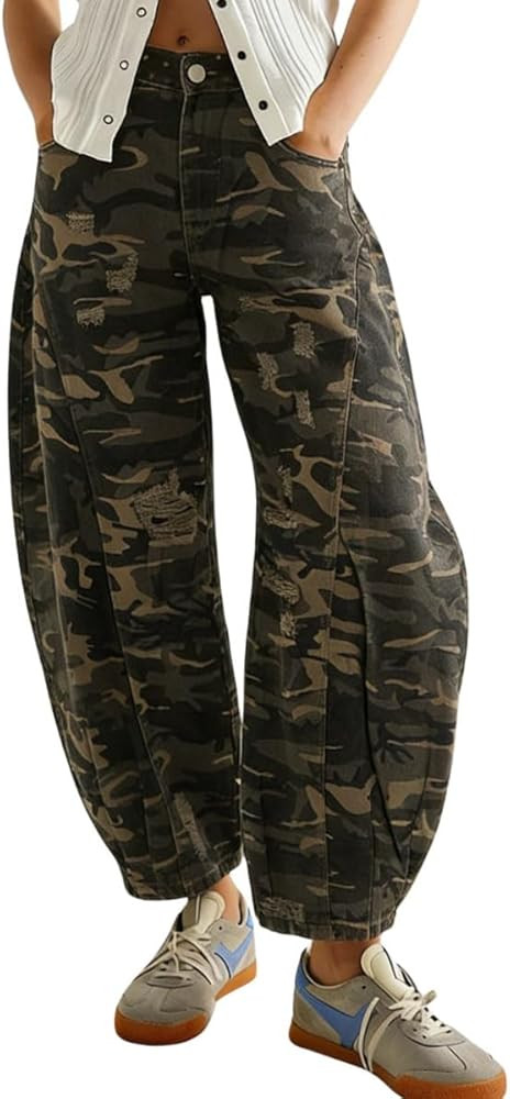 chouyatou Women's Distressed Barrel Jeans Y2K Camouflage Print Wide Leg Jeans High Waisted Denim ... | Amazon (US)