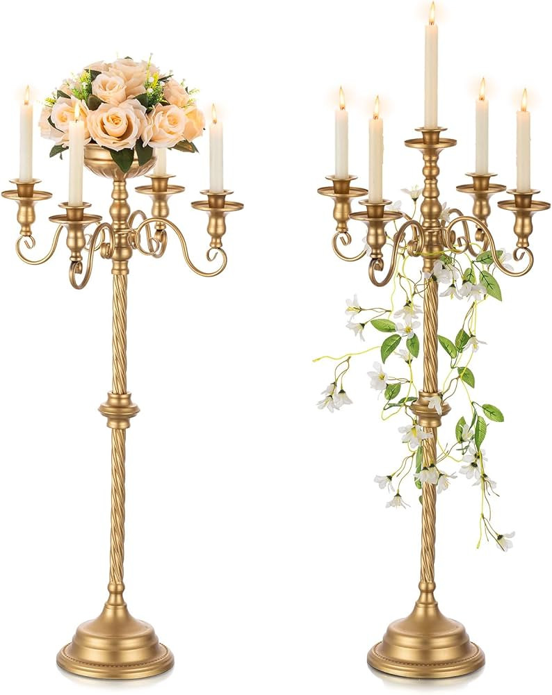 NUPTIO 5 Arm Candelabra Candle Holder: 2 Pcs Gold Candlestick Taper Candle Holders 33.5 inch Long... | Amazon (US)