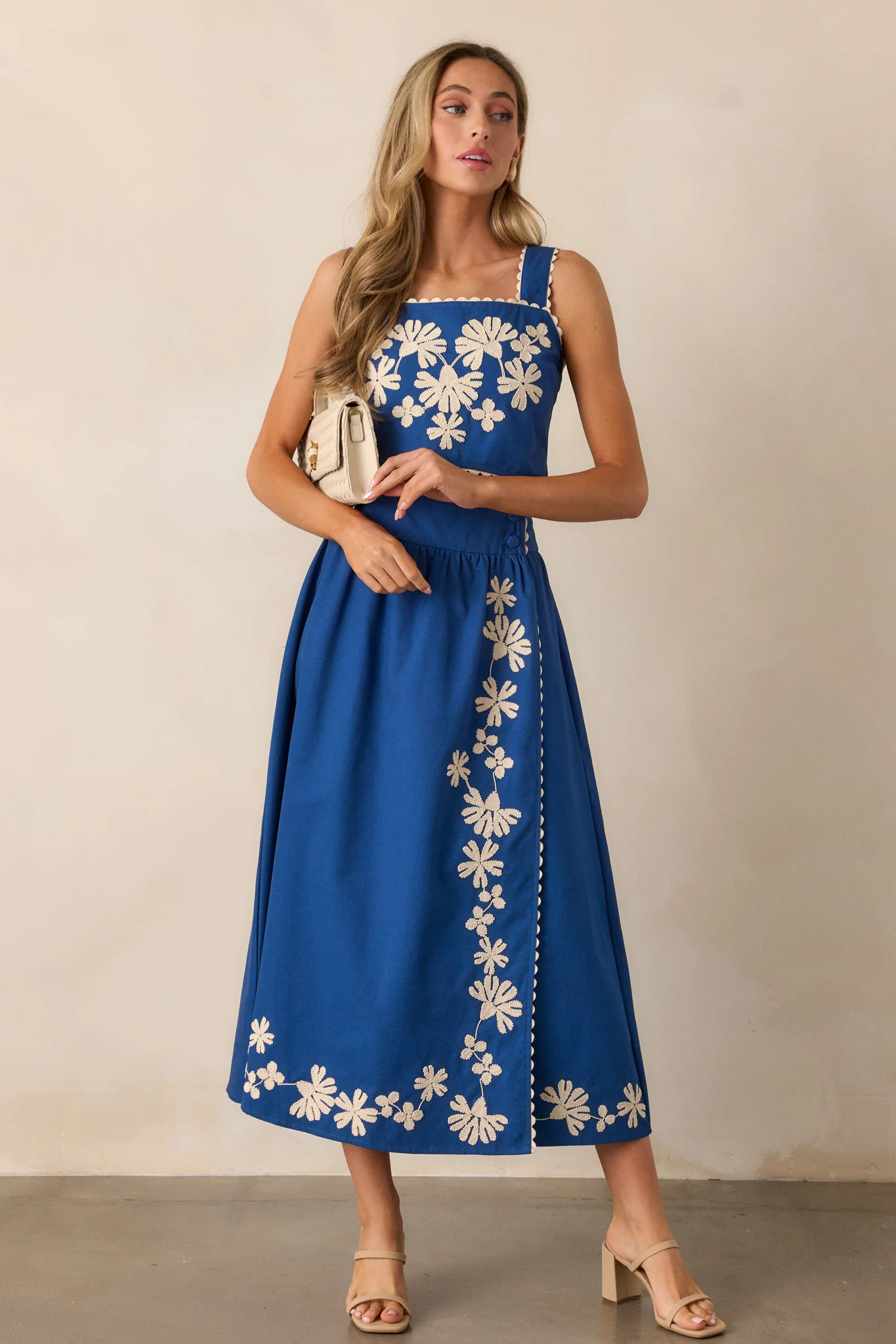 Lovely Blooms Blue Embroidered Floral Midi Skirt | Red Dress