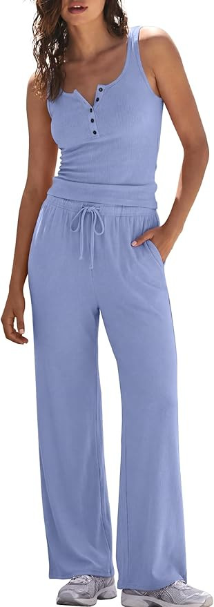 Darong Women's 2 Piece Matching Lounge Sets Summer Henley Neck Slightly Crop Tank Top Wide Leg Pa... | Amazon (US)