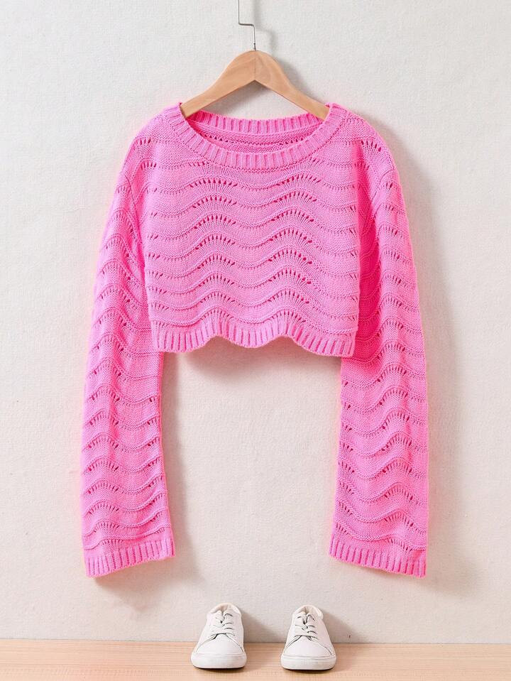 Tween Girl Pointelle Knit Scallop Trim Crop Sweater | SHEIN