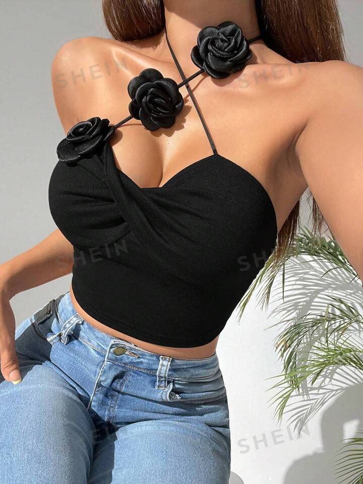 SHEIN PETITE Top Senza Maniche Decorato Con Fiori E Cinghie Incrociate Per Donne | SHEIN