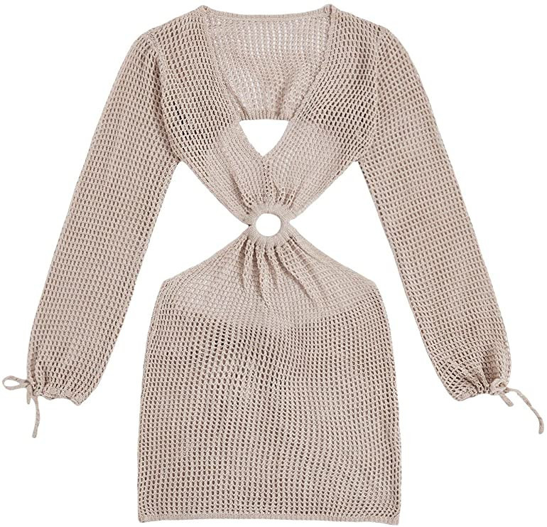 MakeMeChic Women's Crochet Cover Up Long Sleeve Knitted Swim Beach Cover Up Dress Swimwear | Amazon (US)