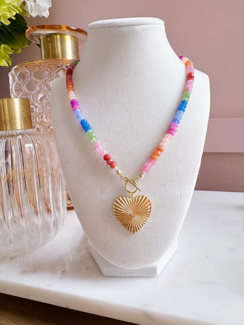 Heart Charm Necklace, Rondelle Necklace, Rainbow Necklace, Heart Necklace, Love Necklace, Colorfu... | Etsy (US)