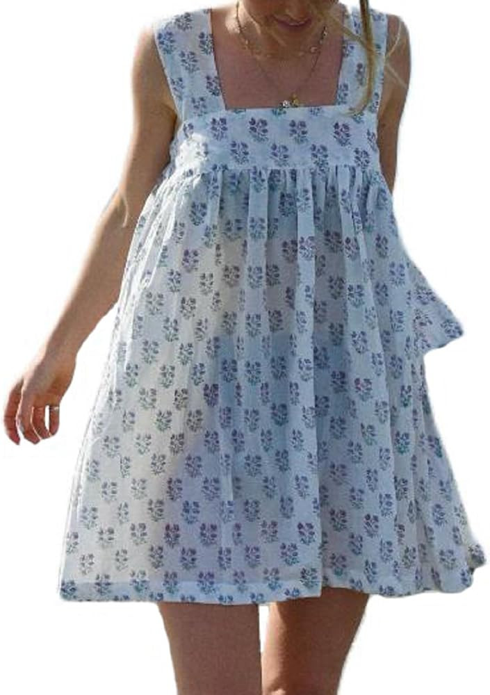 Women Floral Tie Shoulder Mini Dress Cute Square Neck Loose Fit Beach Short Dress Backless Boho V... | Amazon (US)