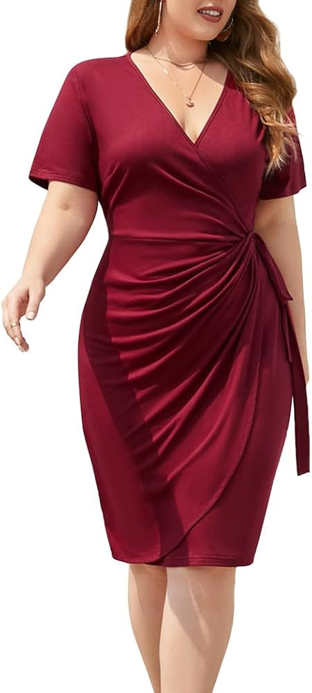 WINDMILL Women's Plus Size Wrap V Neck Dress for Curvy Women Ruched Tie Waist Short Sleeve Knee L... | Amazon (US)