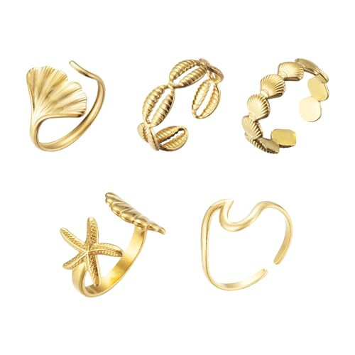 Yuoos 5PCS Gold Seashell Rings for Women Beach Surfer Starfish 18k Gold Dainty Seashell Wave Stacking Rings Summer Jewelry for Women | Amazon (US)