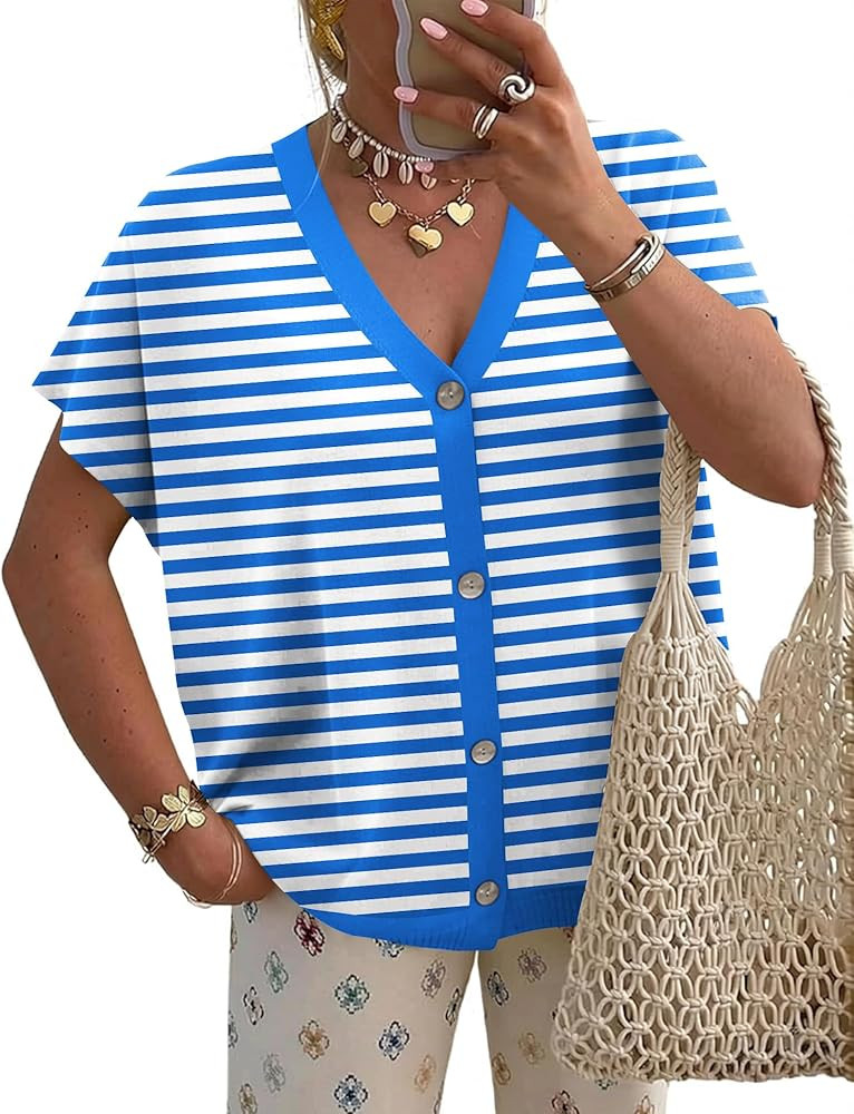 LOMON Oversided Cardigan Sweaters for Women Short Cap Sleeve V-Neck Casual Button Lightweight Kni... | Amazon (US)