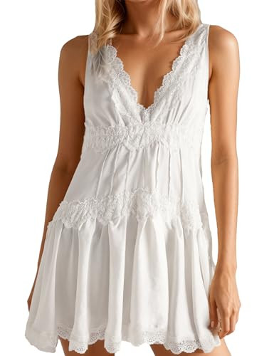 Womens Lace Mini Dress Slip Dress V-Neck Summer Y2k Ruffle Hem Flowy Swing Boho Short Dresses | Amazon (US)
