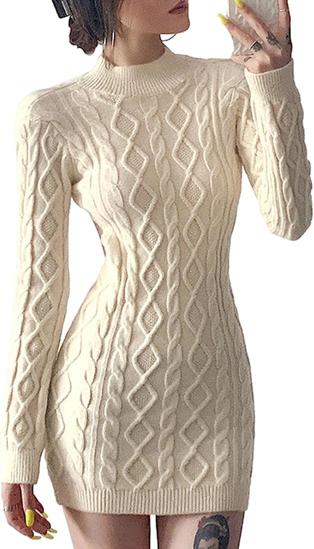 xxxiticat Women's High Neck Sweater Dress Long Sleeve Backless Cut Out See Through Cable Knitted Tur | Amazon (US)