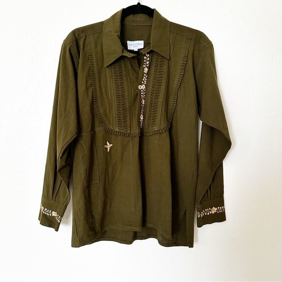 Mi Golondrina Long Sleeve Olive Green & White Embroidery Polo Shirt Small | Poshmark