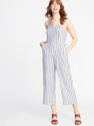 Striped Button-Front Linen-Blend Jumpsuit for Women | Old Navy | Old Navy (CA)