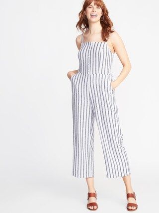 Striped Button-Front Linen-Blend Jumpsuit for Women | Old Navy | Old Navy (CA)