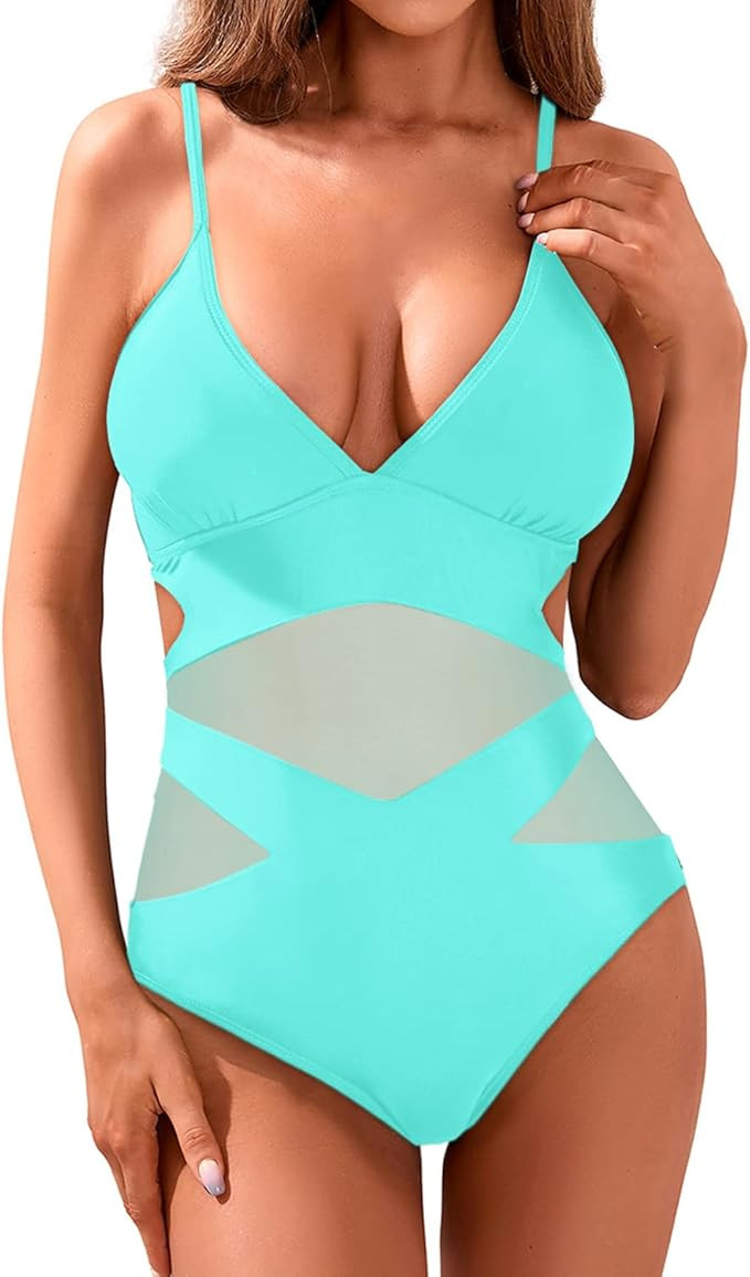 Holipick Women Sexy One Piece Swimsuits Mesh High Waisted Bathing Suits Plunge V Neck Monokini Cu... | Amazon (US)