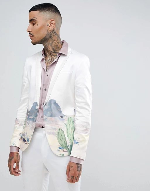 ASOS DESIGN skinny suit jacket with western design in white sateen | ASOS US