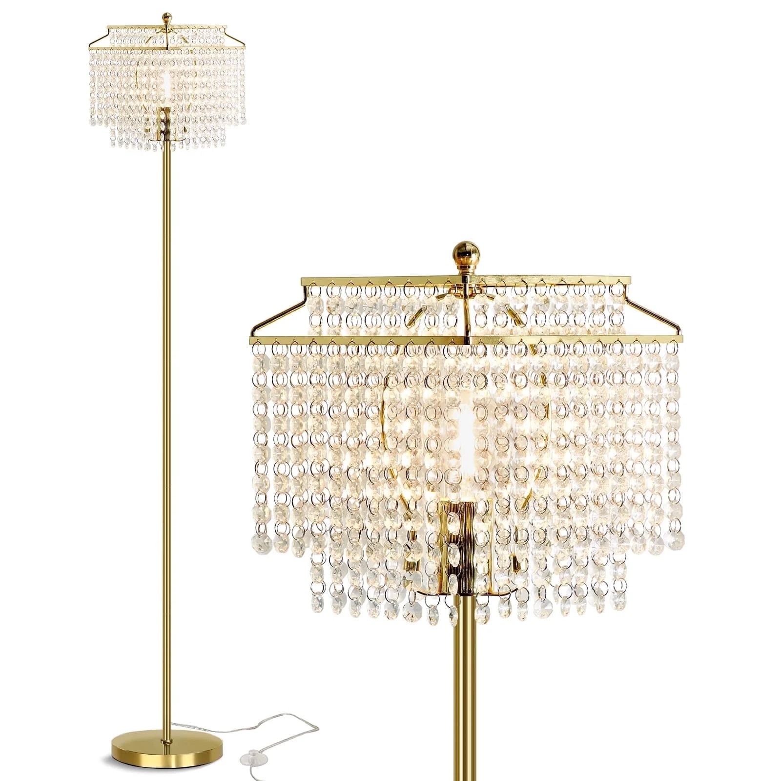 NATYSWAN Gold Crystal Floor Lamp , Modern Standing Lamps with Double-Layer Lampshade, on-off Foot... | Walmart (US)