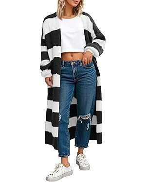 Saodimallsu Womens Striped Long Cardigan Sweaters Open Front Oversized Chunky Fuzzy Knit Fall Dus... | Amazon (US)