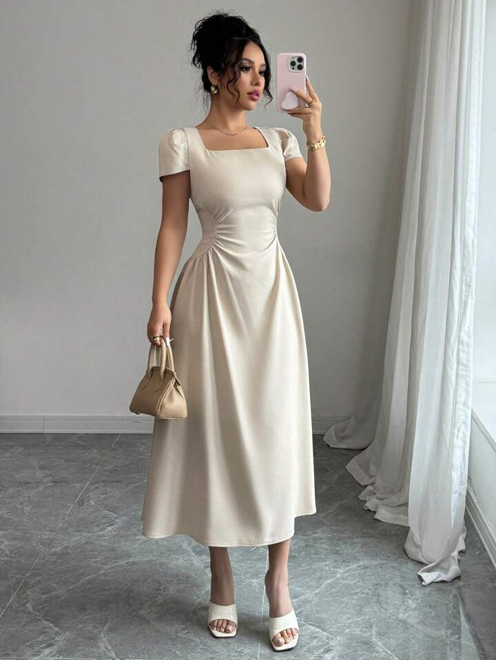 Elenzga Women's Elegant Solid Color Square Neck Waist Cinched Casual/Formal Midi Dress With Puff Sleeves, Suitable For Commuting, Vacation, Afternoon Tea In Spring/Summer | SHEIN