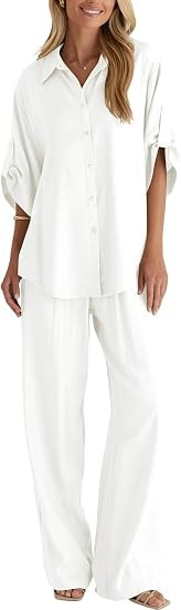 BWQ Womens linen 2 Piece Outfits Long Sleeve Button Down Shirt Wide Leg Pants Lounge Set S-2xl | Amazon (US)