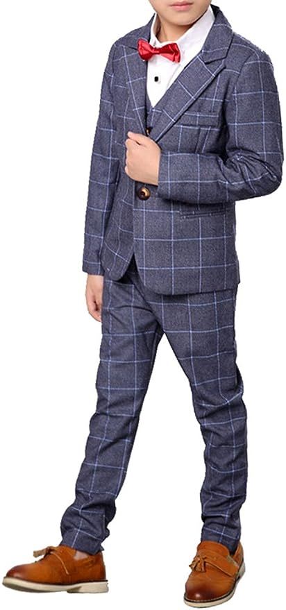 Boys Plaid Gray Blue Red Suit Set with Grid 3 Pieces Jacket Vest Pants Set | Amazon (US)
