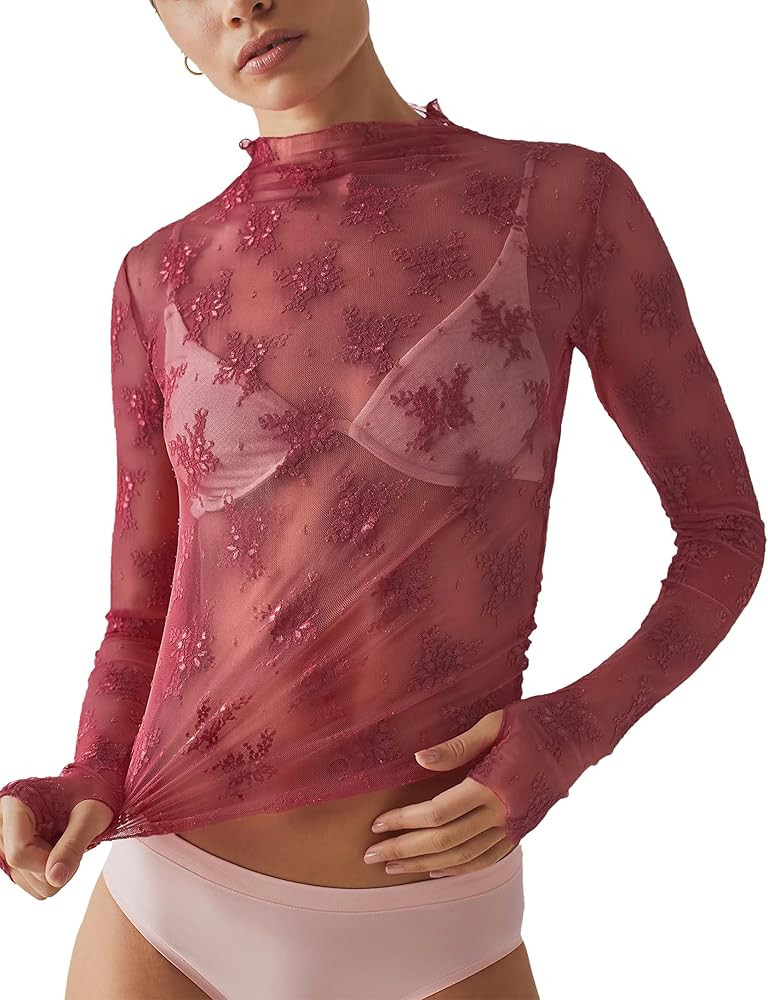 Ugerlov Women's Long Sleeve Mesh Top Mock Neck Sheer Blouse See Through Floral Lace Tops | Amazon (US)