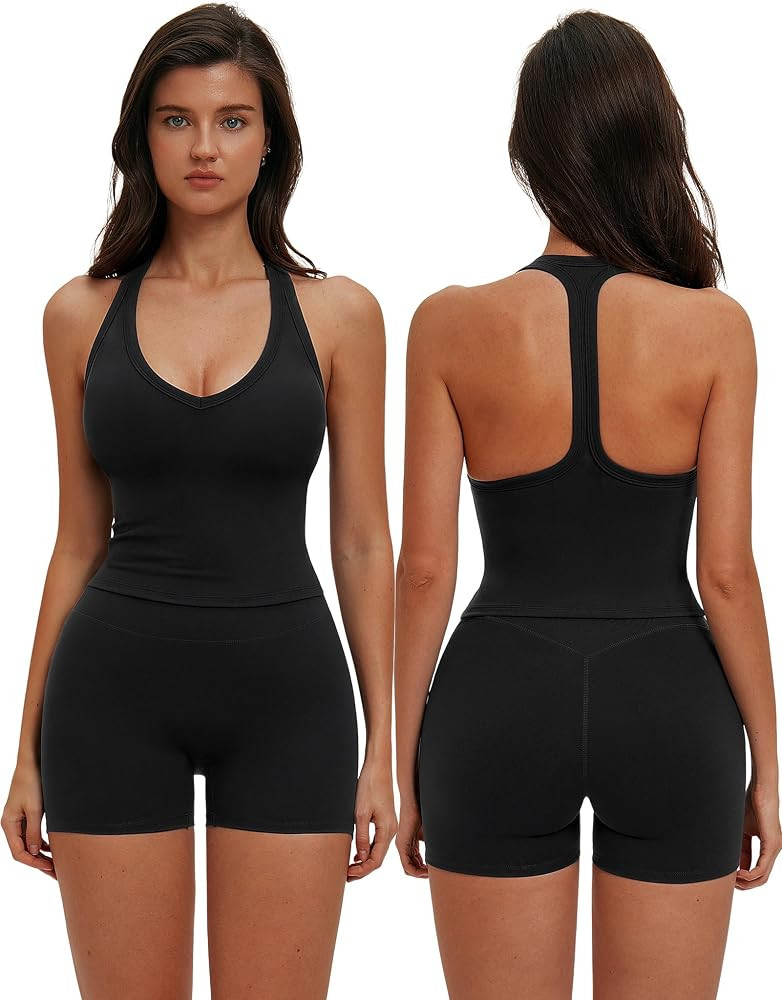 ABOCIW Workout Sets for Women 2 Piece Padded V Neck Racerback Tank Top Matching High Waist Biker ... | Amazon (US)
