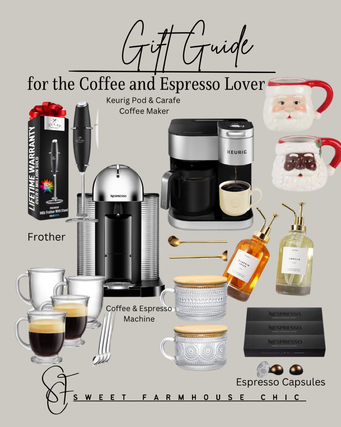 Gifts for the Coffee & Espresso Lover

Keurig carafe and single pod machine, espresso & coffee machine, Santa mugs, syrup bottles, vintage glass coffee mugs with bamboo lids, glass coffee mugs, Nespresso coffee capsules, frother



#LTKGiftGuide #LTKhome #LTKHoliday