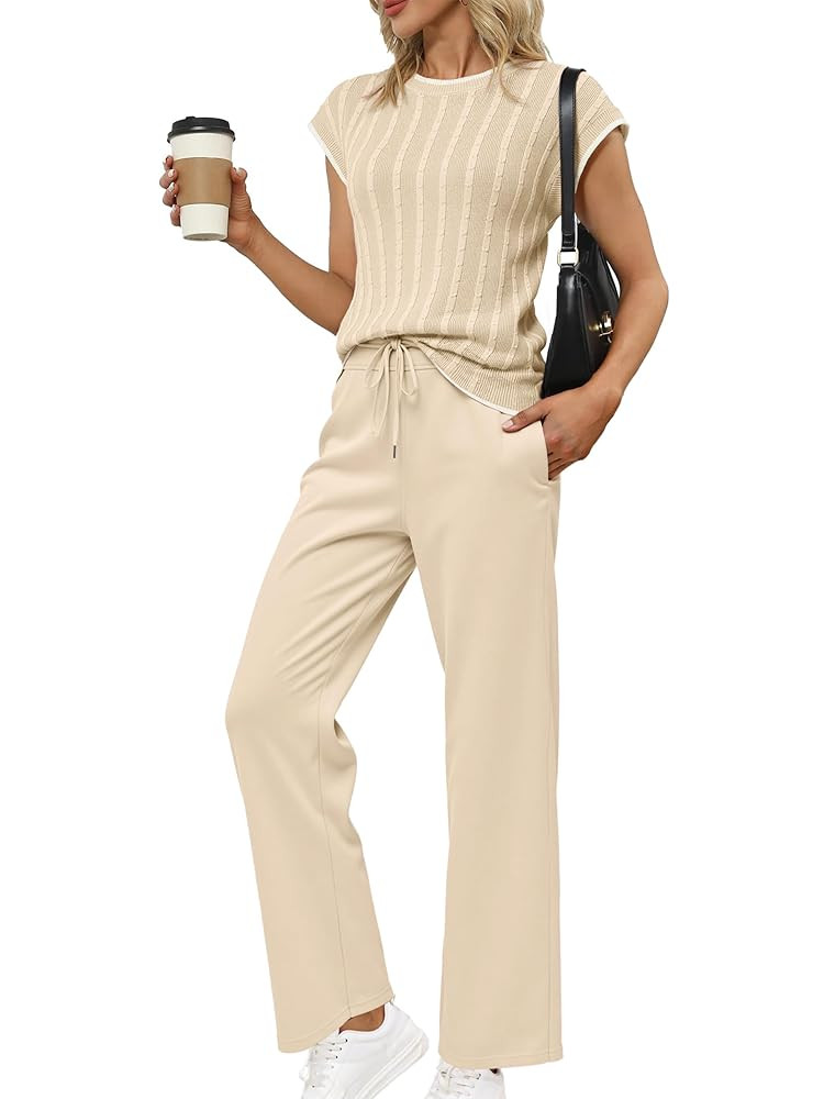 Glamaker Womens Lounge Two Piece Outfits Summer Knit Casual Travel Crew Neck Sets Cap Sleeve Tops... | Amazon (US)