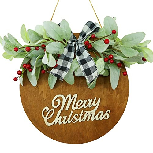 Merry Christmas Welcome Sign for Front Door Round Wood Sign Christmas Wreath With Flocked Lambs Ear Leaves and Berry for Front Door Farmhouse porch wall home Decoration, White Gift Box Included | Amazon (US)