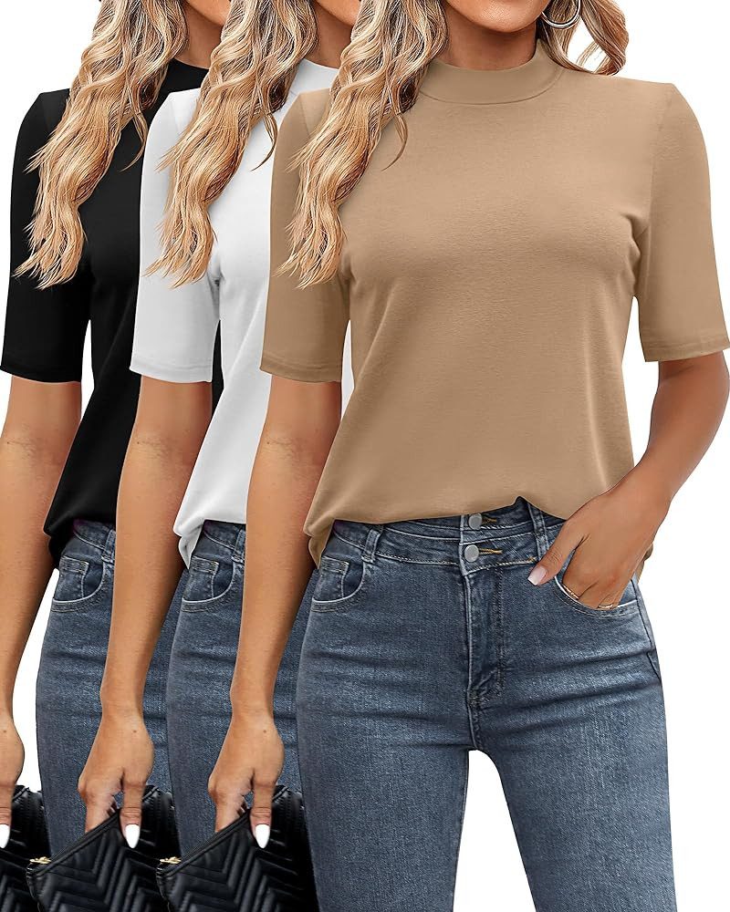 Ficerd 3 Pack Women's Mock Turtleneck Shirts, Half Short Sleeve Tops Dressy Casual High Mock Neck... | Amazon (US)