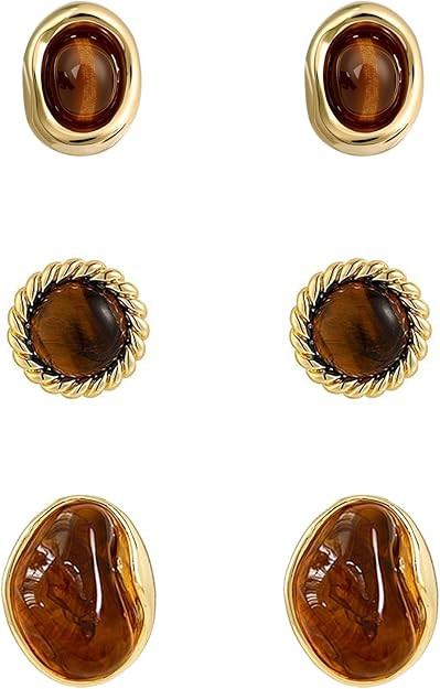 3 Pairs Fashion Stud Earrings for Women Gold Oval Round Rope Stud Trendy Brown Earrings Set Perfe... | Amazon (US)