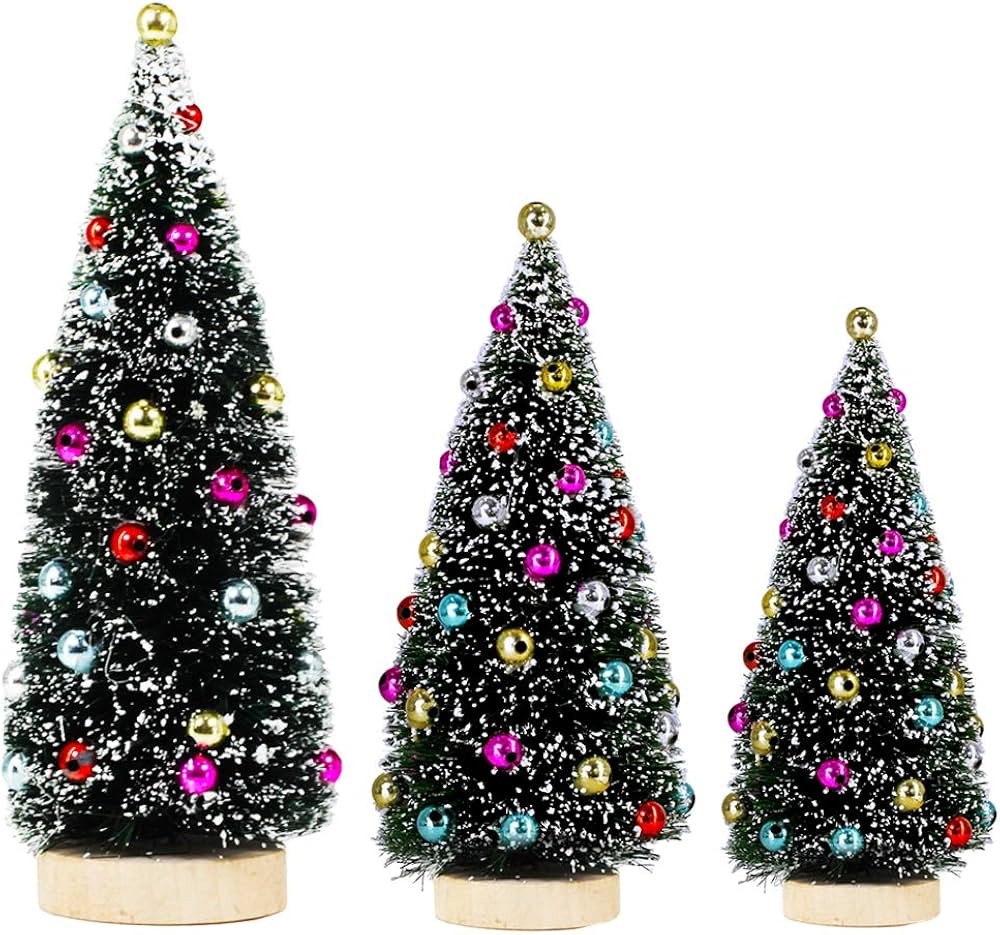 Winlyn 3 Pack Artificial Mini Tabletop Christmas Trees Tiny Frosted Bottle Brush Trees Decorated ... | Amazon (US)