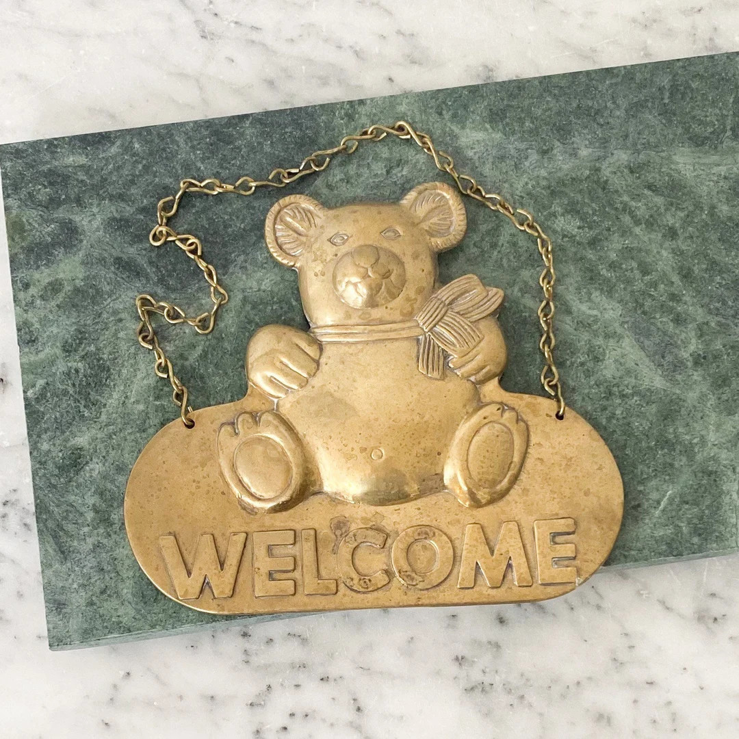 Brass Teddy Bear Welcome Sign, Vintage Brass Welcome Baby Sign, Vintage Welcome Sign With Bear 19... | Etsy (Global)