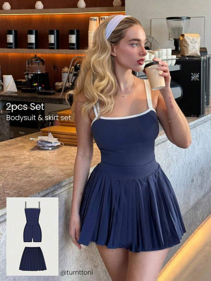 GLOWMODE FeatherFit™ Play Peekaboo Contrast Color Bodysuit With Removable Pleated Skirt Side Pockets Low Impact Yoga Daily Removable Cups Spring Summer | SHEIN