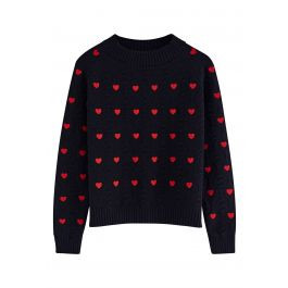 Full of Hearts Embroidered Emboss Knit Crop Sweater in Black | Chicwish